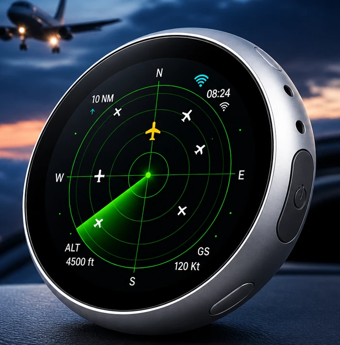 AURA Device showing live traffic radar with aircraft in the sky